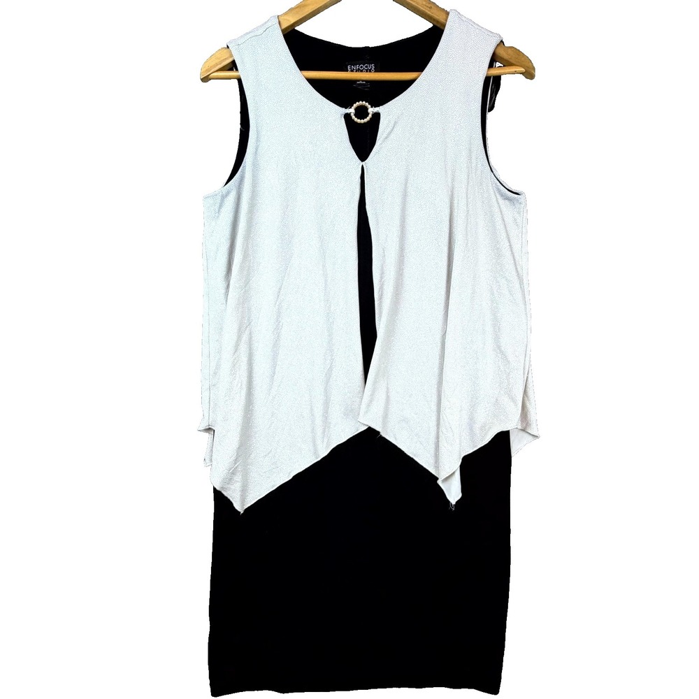 En focus Studio Sheath Dress Womens 8 Black Metallic Sparkle Layered Pearls